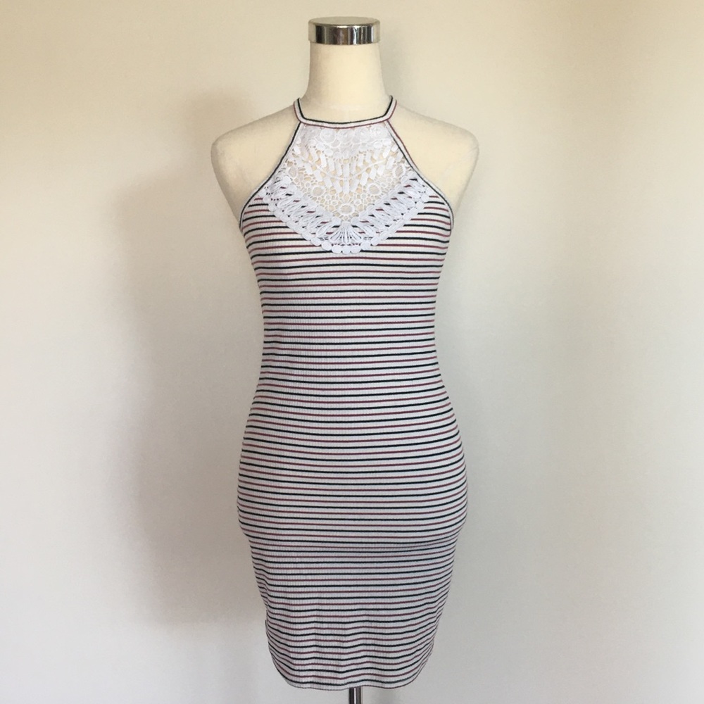 Striped Crochet Halter Neck Bodycon Mini Dress